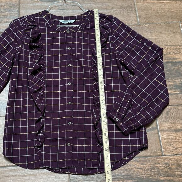 Sonoma Ruffled Flannel Top Womens S Maroon Plaid Button Up Shirt Blouse Small - Picture 4 of 9